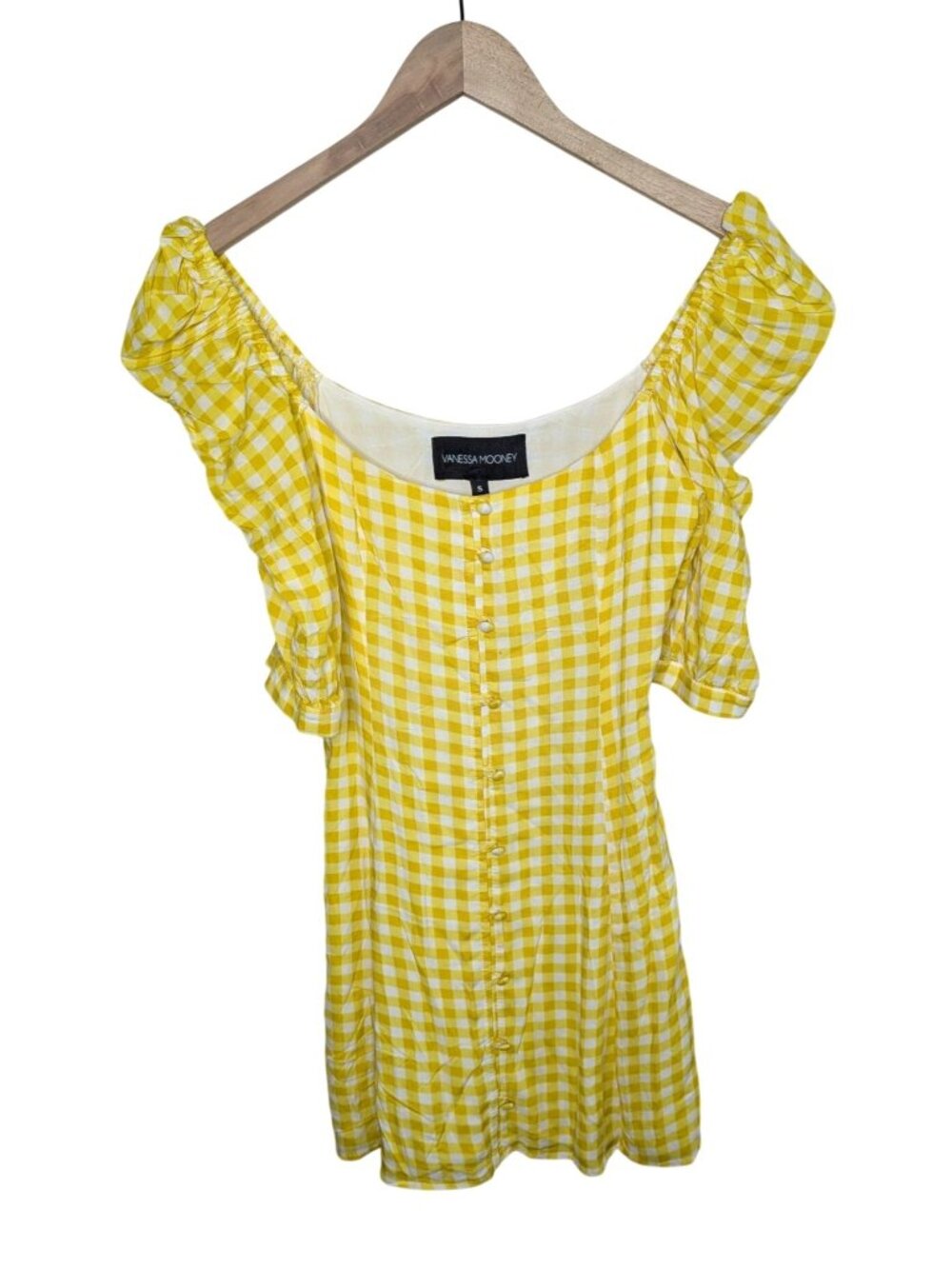 Vanessa Mooney Yellow Gingham Puff-Shoulder Mini Dress Small